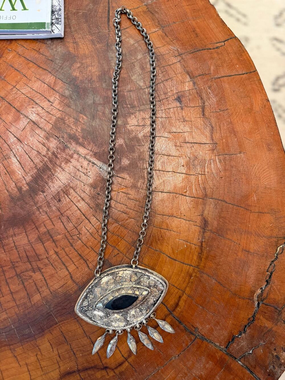 Vintage 60s Silver Tone Metal & Black Stone Afghan Evil Eye Oversize Pendant